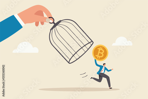 Bitcoin and cryptocurrency regulation, government try to control crypto or decentralized money, authority and legal for trading crypto concept, investor carrying bitcoin run away from government cage.