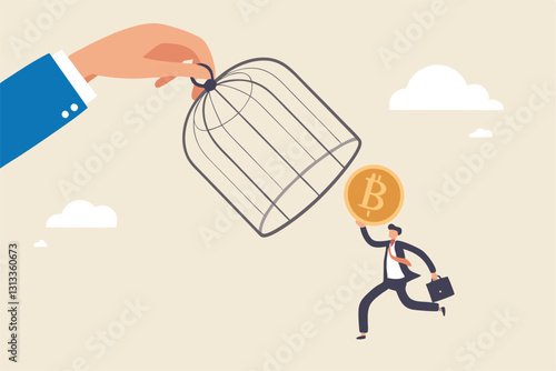 Bitcoin and cryptocurrency regulation, government try to control crypto or decentralized money, authority and legal for trading crypto concept, investor carrying bitcoin run away from government cage.