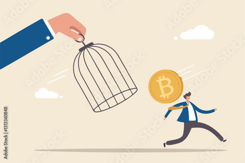 Bitcoin and cryptocurrency regulation, government try to control crypto or decentralized money, authority and legal for trading crypto concept, investor carrying bitcoin run away from government cage.