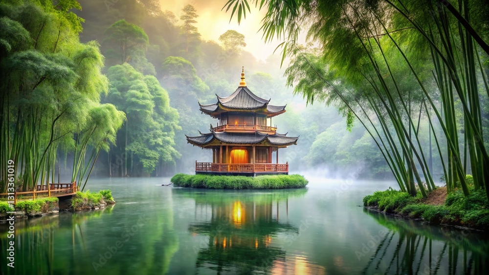 Naklejka premium Serene Asian Pagoda by Tranquil Water, Bamboo Grove Landscape - Stock Photo