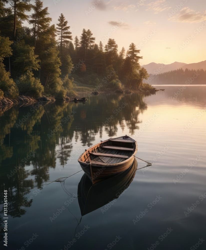 Obraz premium Old wooden boat sailing on a calm lake at dawn, sailboat, boat