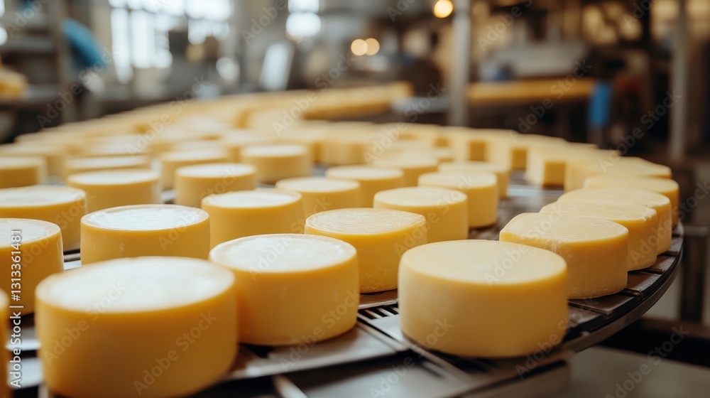 Round cheese wheels on conveyor belt, industrial cheese production line. Image shows dairy process, ideal for food industry or manufacturing. Round cheese wheels on conveyor belt, industrial cheese production line. Image shows dairy process, ideal for food industry or manufacturing.