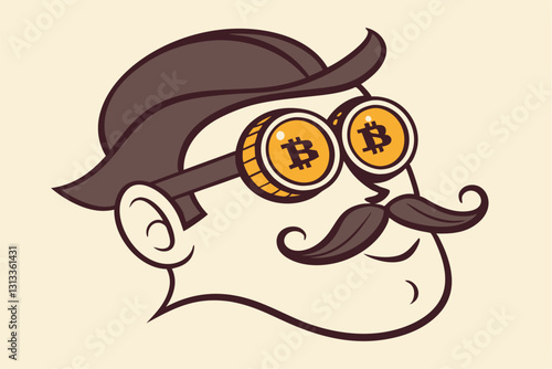 Bitcoin whale or anonymous who rich with bitcoin crypto trading, cryptocurrency guru or success investor with no identity concept, fancy nerd eyeglasses with precious Bitcoin symbol and mustache.