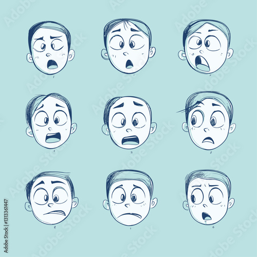 Cartoon boy faces showing shock and fear emotions drawing illustration