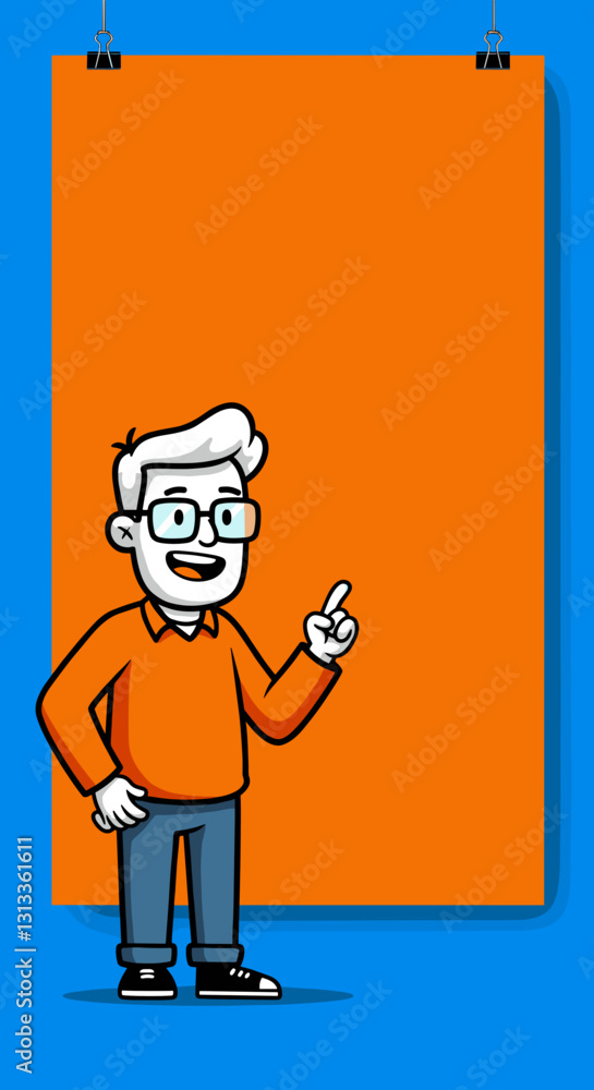 Cartoon businessman pointing at blank space on blue background. Cartoon businessman pointing at blank space on blue background.