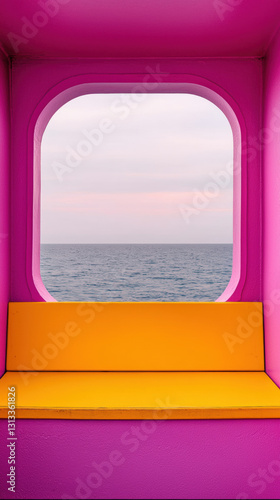 Shipping Vessels and Global Shipping Routes  Vibrant pink window with sea view and yellow seat