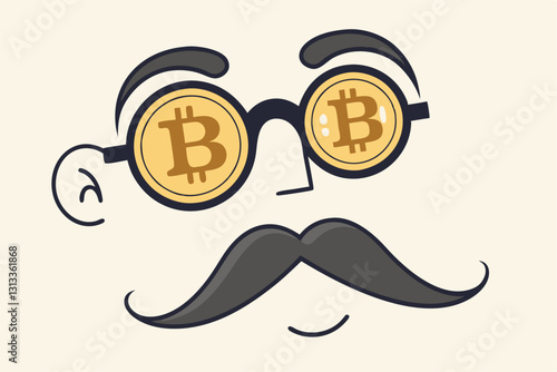 Bitcoin whale or anonymous who rich with bitcoin crypto trading, cryptocurrency guru or success investor with no identity concept, fancy nerd eyeglasses with precious Bitcoin symbol and mustache.