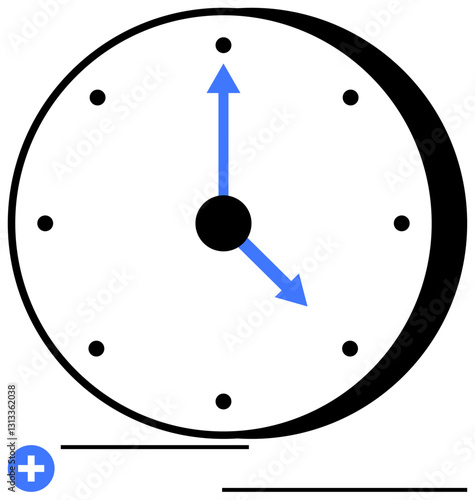 Black and white round clock with bold blue hands indicating time. Plus sign and lines suggest scheduling, planning. Ideal for time management, productivity, focus, punctuality, deadlines