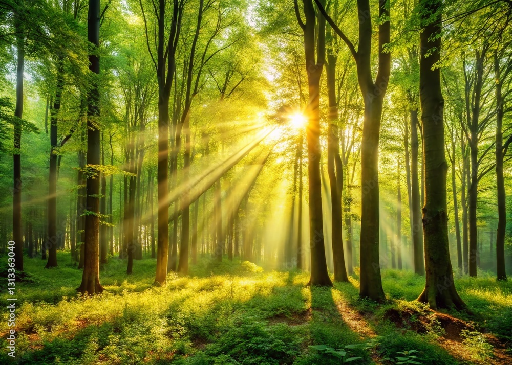 Serene Spring Forest: Sunlit Canopy, Peaceful Woods, Sunlight Rays, Nature Scenery, Springtime Landscape Serene Spring Forest: Sunlit Canopy, Peaceful Woods, Sunlight Rays, Nature Scenery, Springtime Landscape