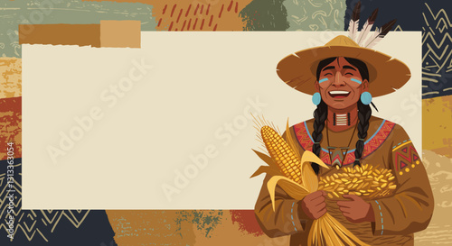 Native American woman holding corn with a warm smile.