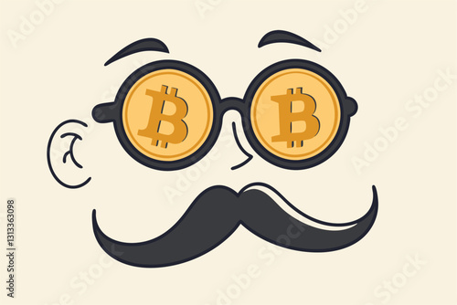 Bitcoin whale or anonymous who rich with bitcoin crypto trading, cryptocurrency guru or success investor with no identity concept, fancy nerd eyeglasses with precious Bitcoin symbol and mustache.