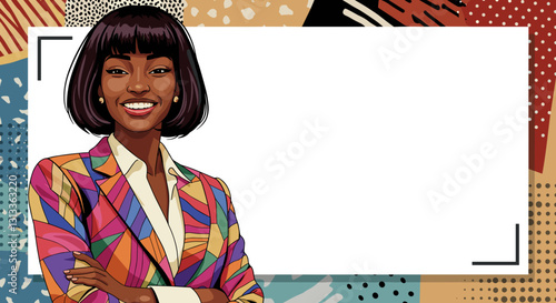 Confident woman in colorful suit with blank space.