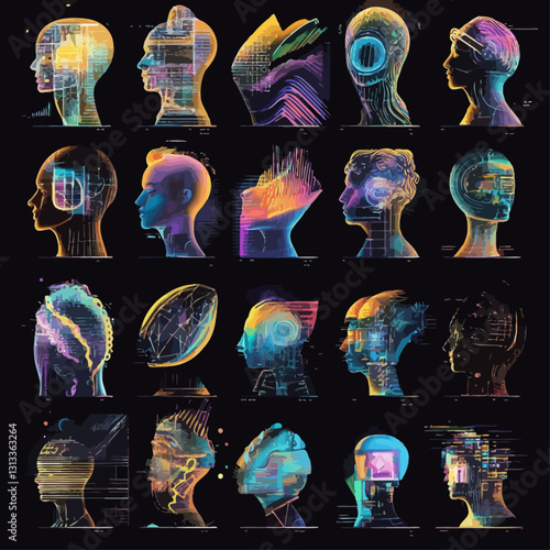 Digital Minds: Colorful AI Headshots on Dark Background, Innovation Concept