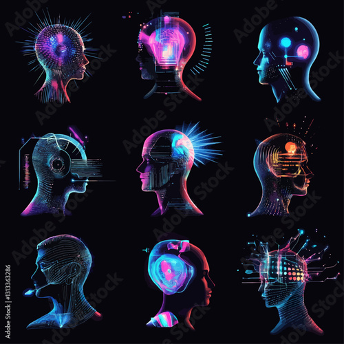 Digital human heads with circuit patterns, AI, technology and futuristic design