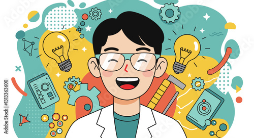 Young scientist with creative ideas surrounded by inventions.