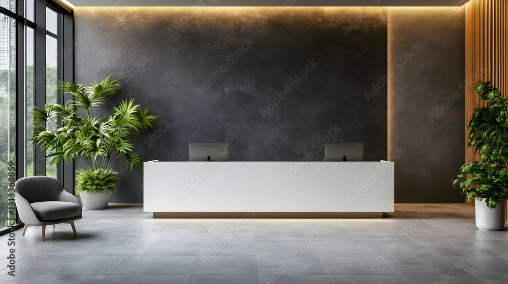 Imposing reception area with clean minimalist aesthetic, conveying serenity and modern feel Imposing reception area with clean minimalist aesthetic, conveying serenity and modern feel