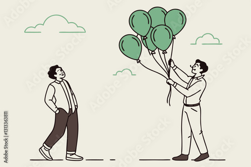 Decentralization, blockchain technology to distribute authority without center, DeFi Decentralized Finance concept, businessman holding tied up balloons looking at decentralized balloons network.