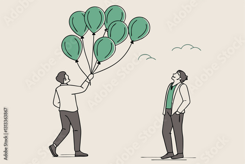 Decentralization, blockchain technology to distribute authority without center, DeFi Decentralized Finance concept, businessman holding tied up balloons looking at decentralized balloons network.