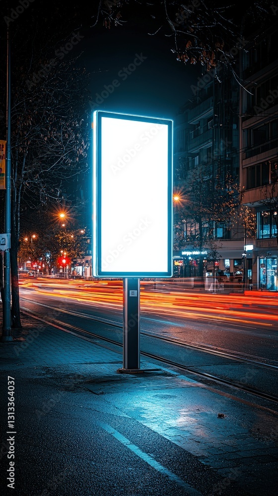Blank advertising mockup on a street corner post, street lights, nighttime cityscape, cars passing by, urban vibe Blank advertising mockup on a street corner post, street lights, nighttime cityscape, cars passing by, urban vibe