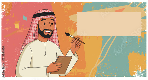  Smiling artist in traditional attire painting on colorful background.