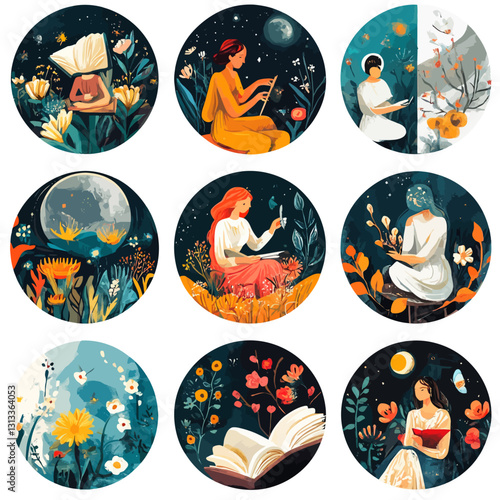Young women reading books surrounded by flowers, butterflies, and nature