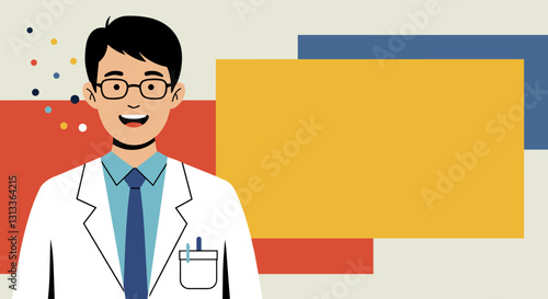 Smiling male doctor in white coat with blank text space.