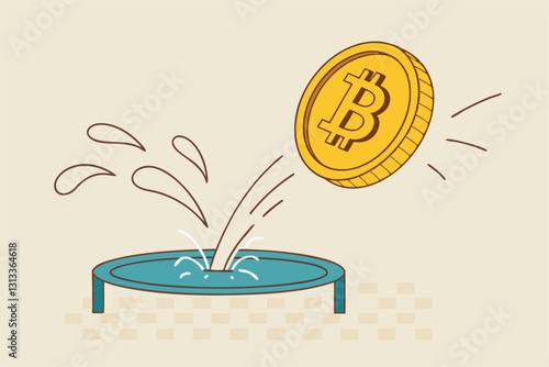 Bitcoin price rebound, crypto currency bounce back to rising up after falling down concept, golden bitcoin bounce back on the trampoline rising up on price graph.