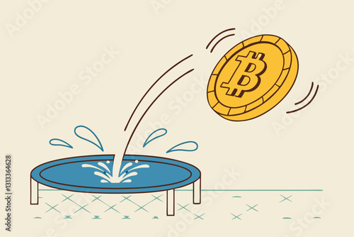 Bitcoin price rebound, crypto currency bounce back to rising up after falling down concept, golden bitcoin bounce back on the trampoline rising up on price graph.