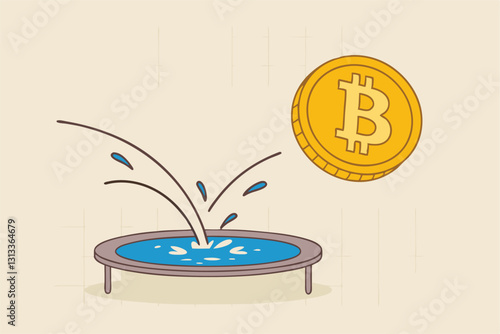 Bitcoin price rebound, crypto currency bounce back to rising up after falling down concept, golden bitcoin bounce back on the trampoline rising up on price graph.