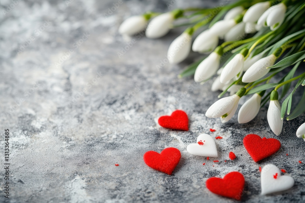 Fototapeta premium Festive backdrop featuring snowdrop flowers and red and white hearts symbolizing Martisor on March 1 with empty space for text