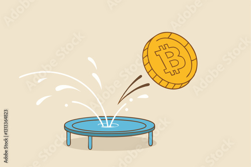 Bitcoin price rebound, crypto currency bounce back to rising up after falling down concept, golden bitcoin bounce back on the trampoline rising up on price graph.