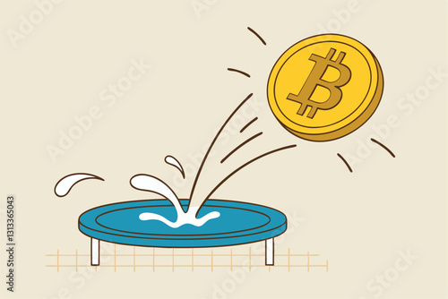 Bitcoin price rebound, crypto currency bounce back to rising up after falling down concept, golden bitcoin bounce back on the trampoline rising up on price graph.