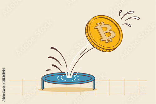 Bitcoin price rebound, crypto currency bounce back to rising up after falling down concept, golden bitcoin bounce back on the trampoline rising up on price graph.