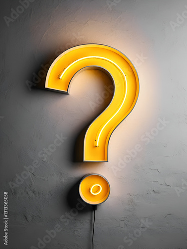 Neon sign in form of a question mark on a wall background representing questions session backdrop