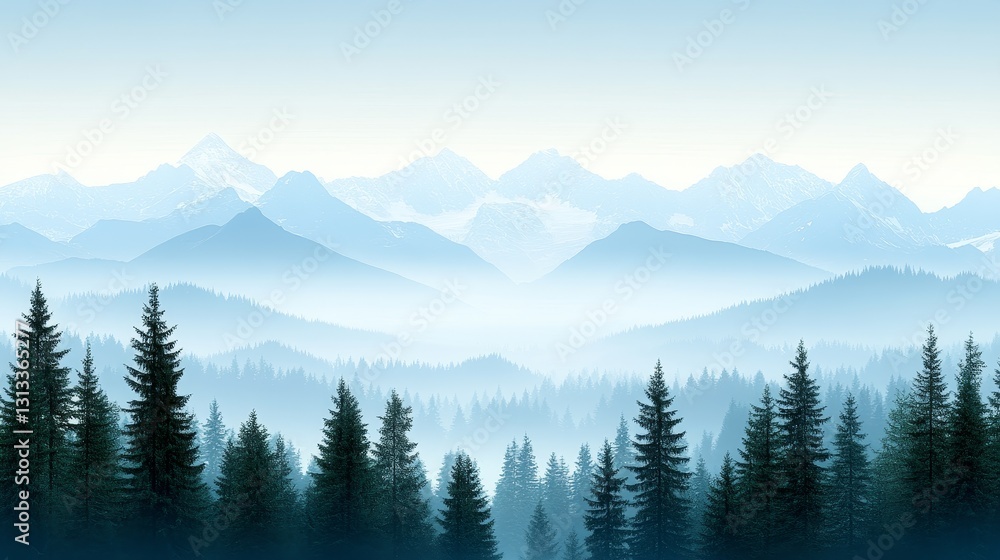 Fototapeta premium Serene layered mountain range panoramic vista with evergreen forest in atmospheric blue tones creates tranquil inspiring scene