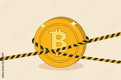 Bitcoin crypto currency banned, government monetary policy, Cryptocurrency crash or digital crime investigation concept, precious high value bitcoin wrap with investigation crime scene yellow tape.