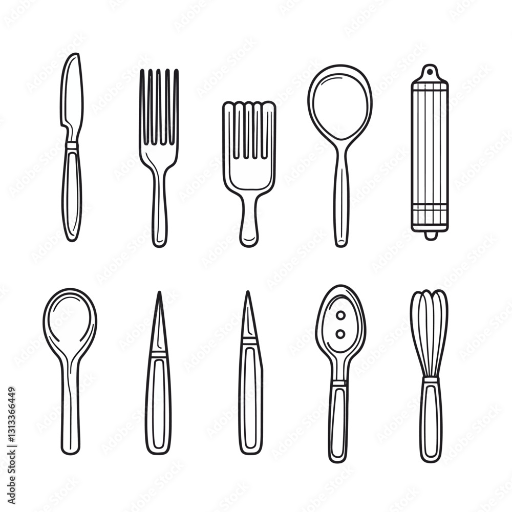 Kitchen Utensils Line Art, Minimalist Black and White Cooking Tools Design Kitchen Utensils Line Art, Minimalist Black and White Cooking Tools Design