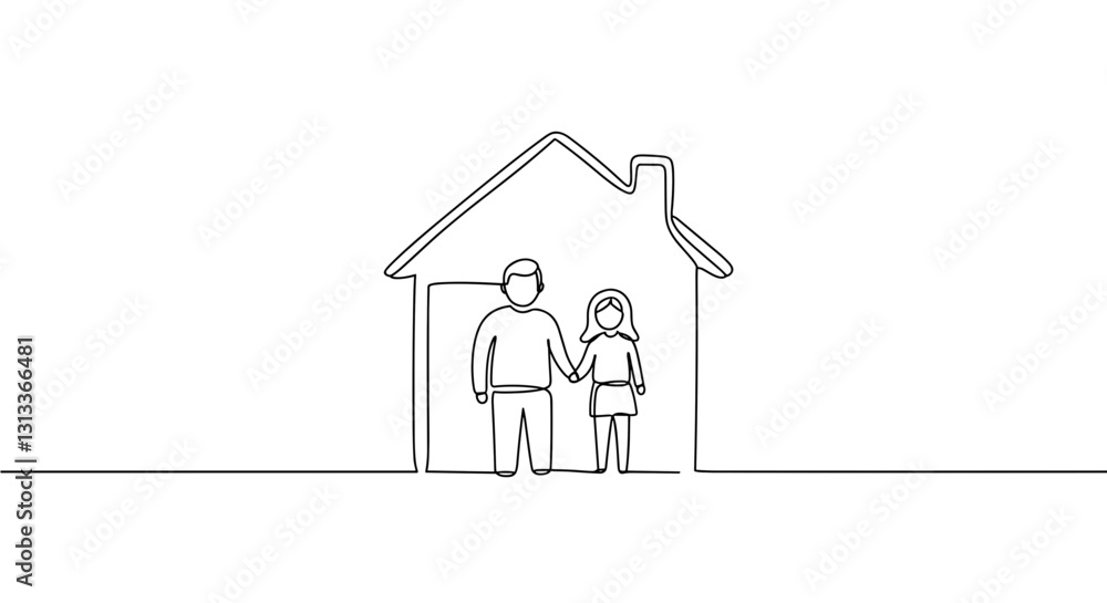 Minimalist one-line drawing of a couple in front of a house. Minimalist one-line drawing of a couple in front of a house.