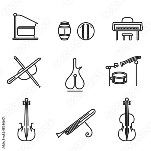 Musical Instruments Icon Set: Piano, Violin, Drums, Lyre, and More