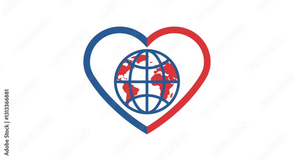 Globe inside heart symbol representing global unity and love. Globe inside heart symbol representing global unity and love.