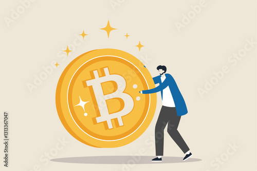 What is Bitcoin and blockchain technology, knowledge or crypto currency technology, blockchain class and education concept, businessman expert explain blockchain technology on golden Bitcoin coin.