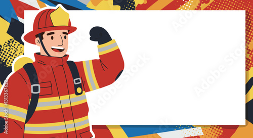 Cartoon firefighter with blank speech bubble on colorful background.