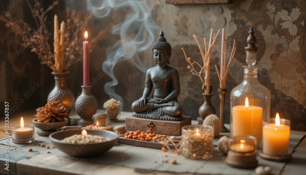 Serene Buddha Statue with Candles & Incense - Mindfulness and well-. Serene Buddha Statue with Candles & Incense - Mindfulness and well-.