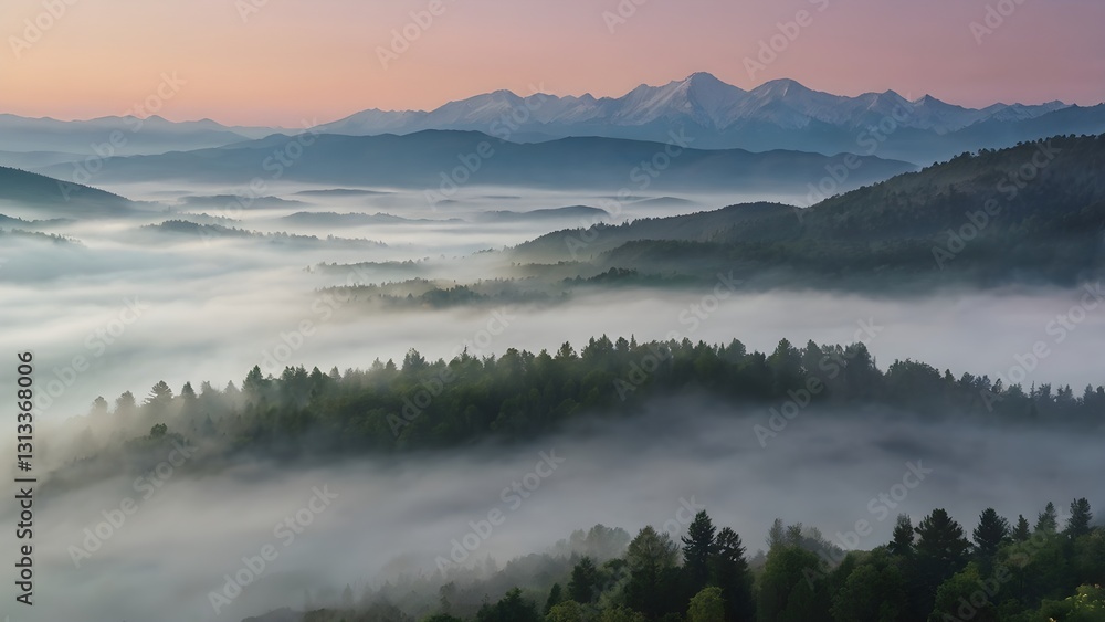 image captures peaceful and ethereal essence of a mountainous scenery enveloped in mist during early hours of day, fog covering the mountains image captures peaceful and ethereal essence of a mountainous scenery enveloped in mist during early hours of day, fog covering the mountains