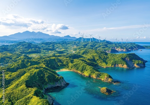 Wallpaper Mural Green hills and a beautiful ocean view with turbines on top Torontodigital.ca