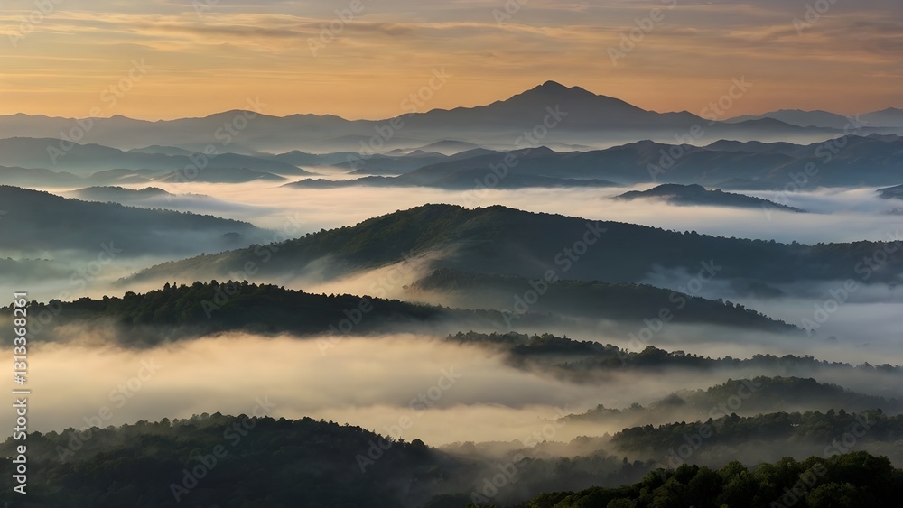 Obraz premium image captures peaceful and ethereal essence of a mountainous scenery enveloped in mist during early hours of day, Sunrise over misty mountain landscape