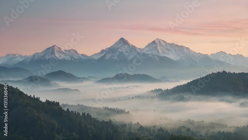 image captures peaceful and ethereal essence of a mountainous scenery enveloped in mist during early hours of dayม Sunrise over misty mountain landscape