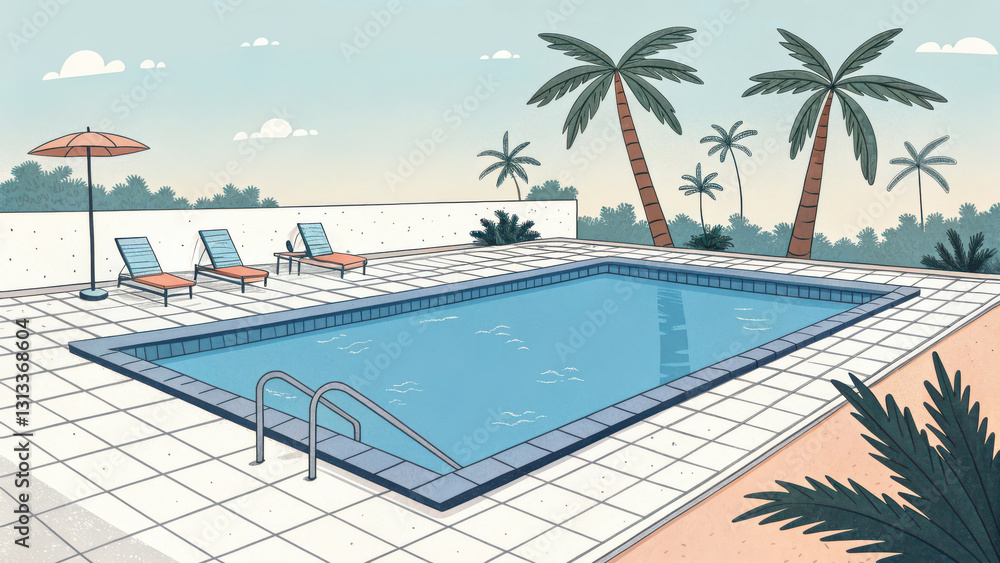 Fototapeta premium serene swimming pool scene featuring lounge chairs, palm trees, and umbrella, perfect for relaxation and leisure. tranquil atmosphere invites enjoyment under sun