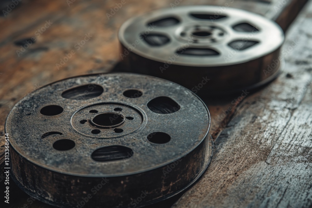 Fototapeta premium Cinematic moment closeup of vintage film reels rustic wood standard photography atmospheric setting artistic perspective capturing the essence of film nostalgia