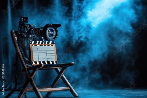 Captivating film reels and clapperboard set on a director's chair cinematic studio environment emotional atmosphere artistic viewpoint film production concept photo